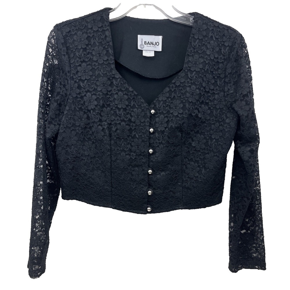 BANJO Cropped Top Women's M Vintage Black Lace Overlay Sheer Long Sleeves